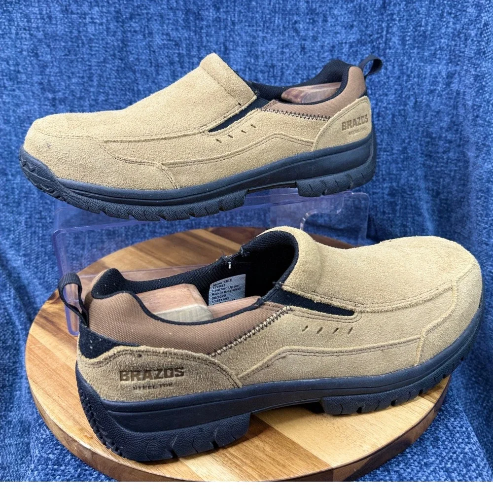 Brazos Steel Toe Work Shoes Mens 13EE Tan Suede Leather Slip On 170843